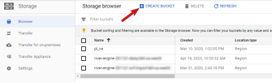 Storage browser interface with an arrow pointing to the Create Bucket option at the top, and also showing exisiting storage buckets. 